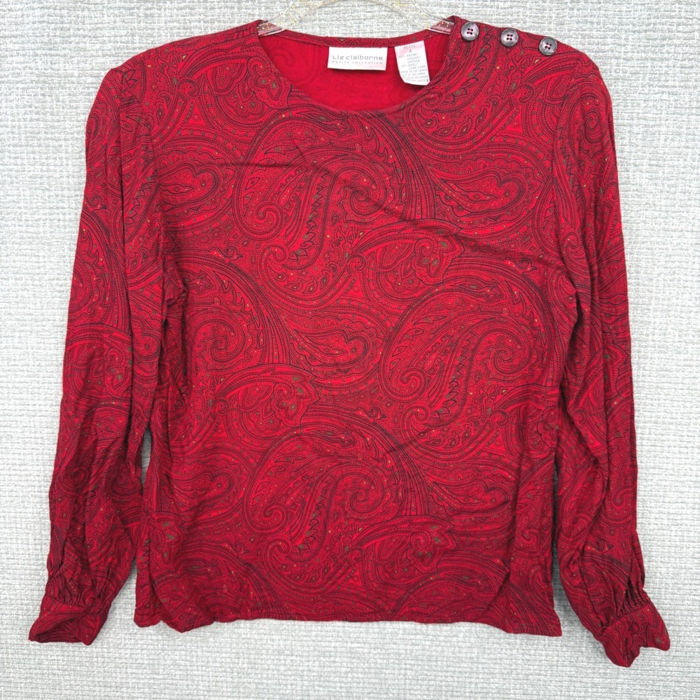 Vtg Liz Claiborne Red Paisley Long Sleeve Button Shoulder‎ Blouse Top Sz 4P SP